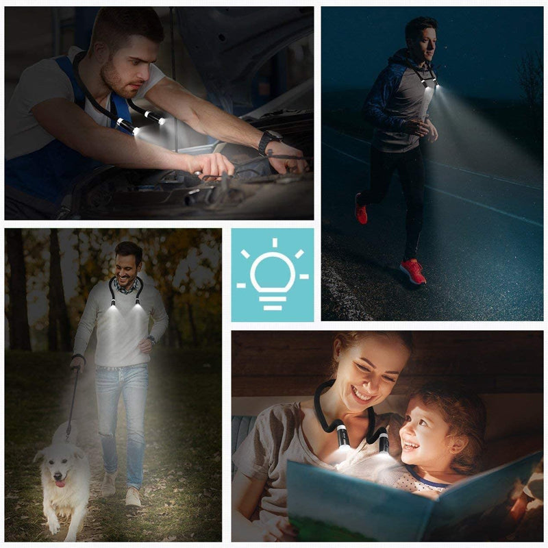 Justerbar LED-läshalslampa med ergonomisk design, handsfree, tre ljusstyrkor, perfekt för läsning och hantverk.