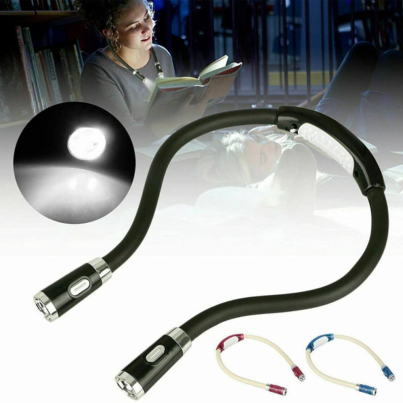 Justerbar LED-läshalslampa med ergonomisk design, handsfree, tre ljusstyrkor, perfekt för läsning och hantverk.