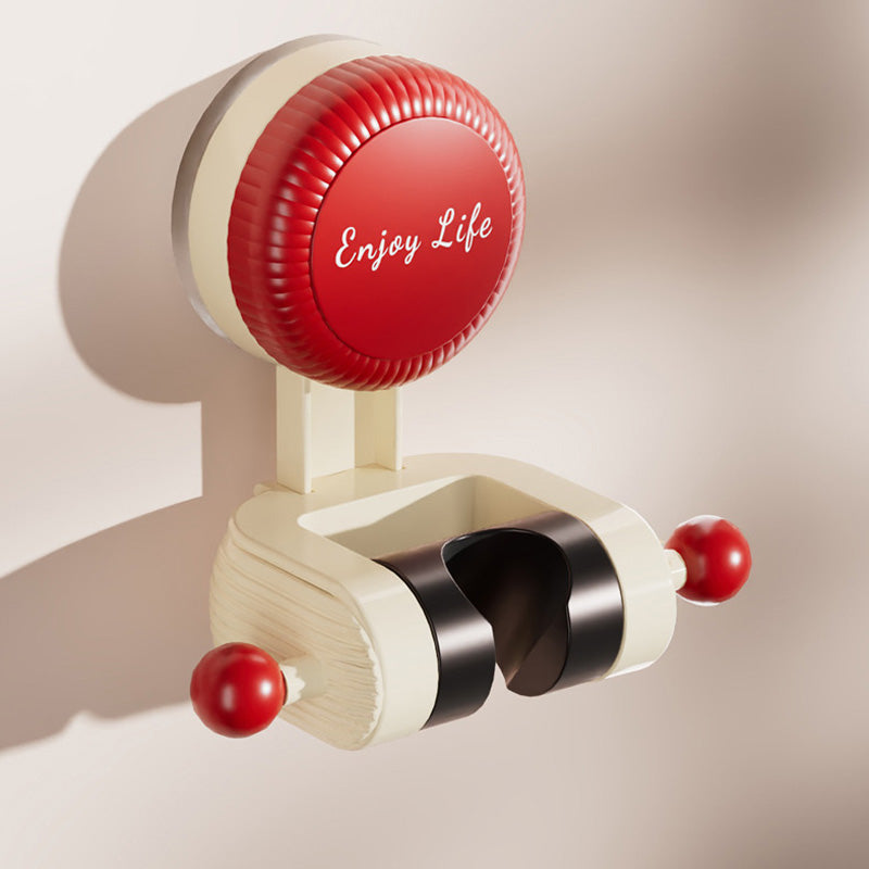 "Justerbar roterande duschhållare, vit, med sugkopp för enkla, verktygsfria installationer på släta ytor i badrummet."