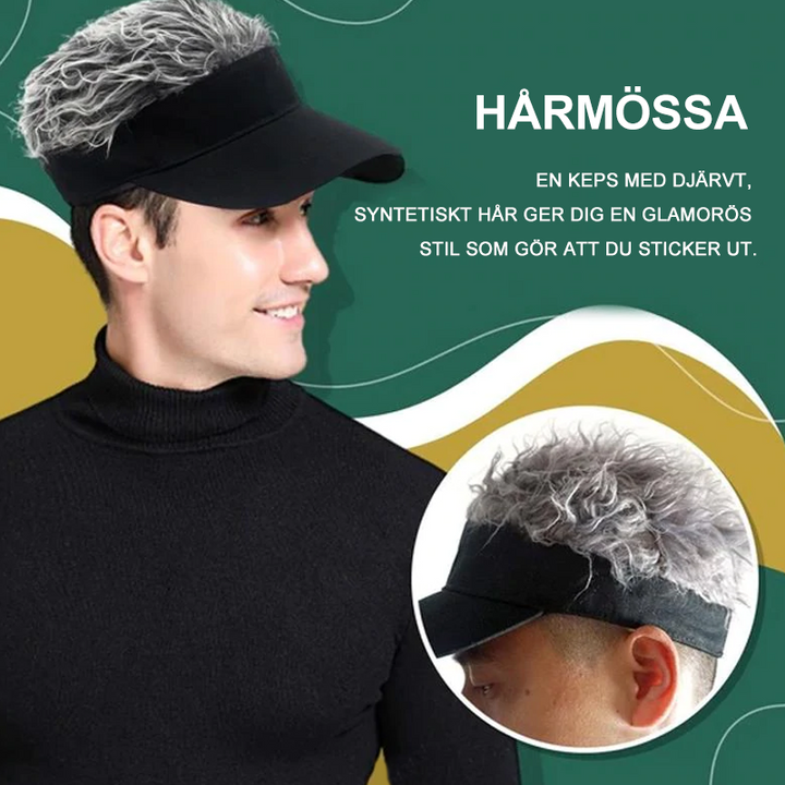 "Justerbar solskyddsmössa med peruk, kombinera stil och solskydd för damer, svart mössa med realistiska peruktrådar."