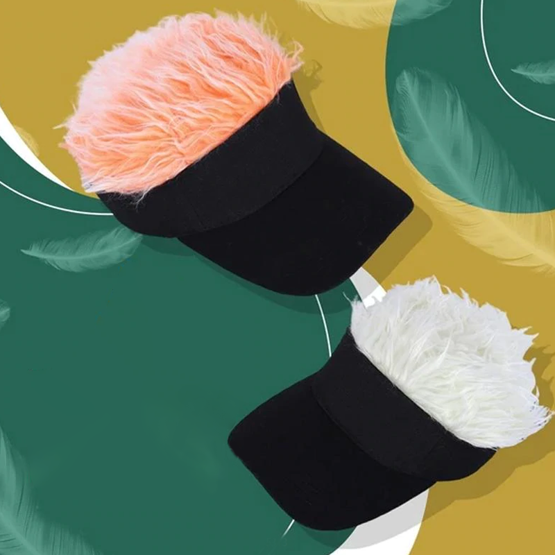 "Justerbar solskyddsmössa med peruk, kombinera stil och solskydd för damer, svart mössa med realistiska peruktrådar."