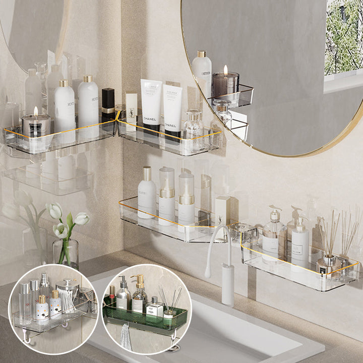 "Justerbar transparent hörnhylla för väggmontering utan borrning, compact design med gröna detaljer."