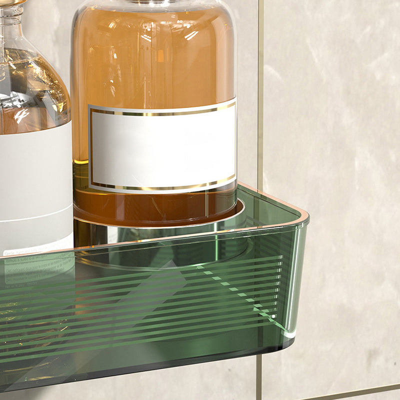 "Justerbar transparent hörnhylla för väggmontering utan borrning, compact design med gröna detaljer."