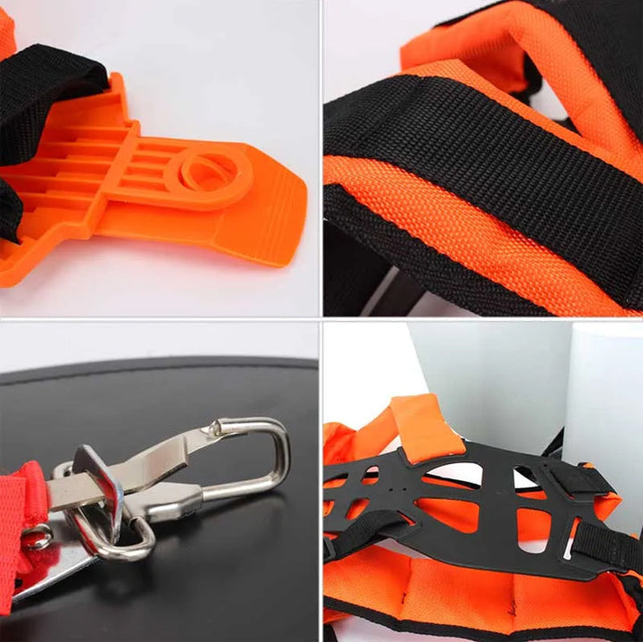 "Justerbar trimmer axelrem i svart vadderad nylon för trädgårdsarbete, avlastar axlar effektivt för bekväm användning."