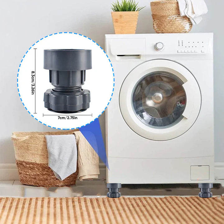 Justerbara grå tvättmaskinsstöd med stötdämpare, minskar vibration och buller, justerbar höjd, robust material.