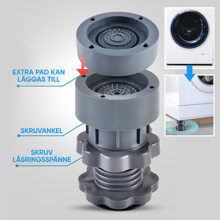 Justerbara grå tvättmaskinsstöd med stötdämpare, minskar vibration och buller, justerbar höjd, robust material.