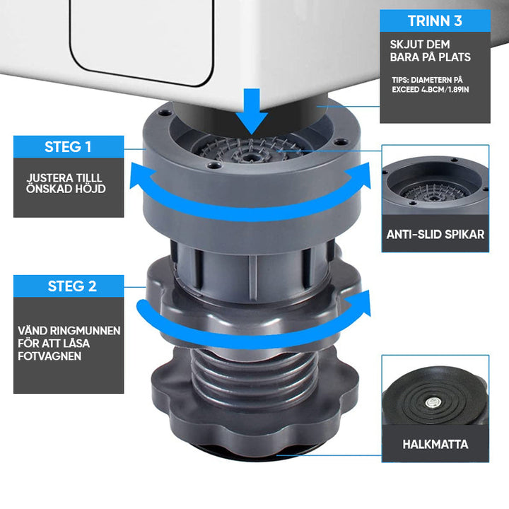 Justerbara grå tvättmaskinsstöd med stötdämpare, minskar vibration och buller, justerbar höjd, robust material.