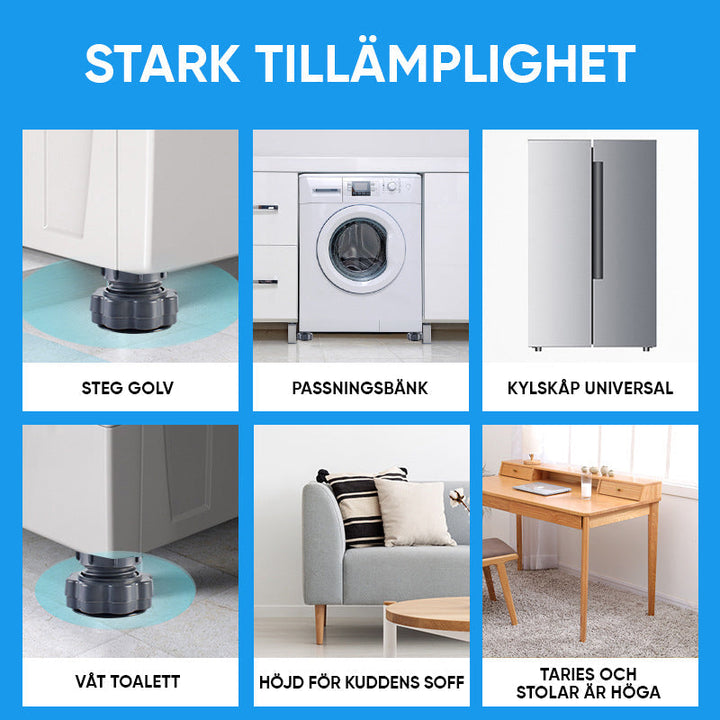 Justerbara grå tvättmaskinsstöd med stötdämpare, minskar vibration och buller, justerbar höjd, robust material.