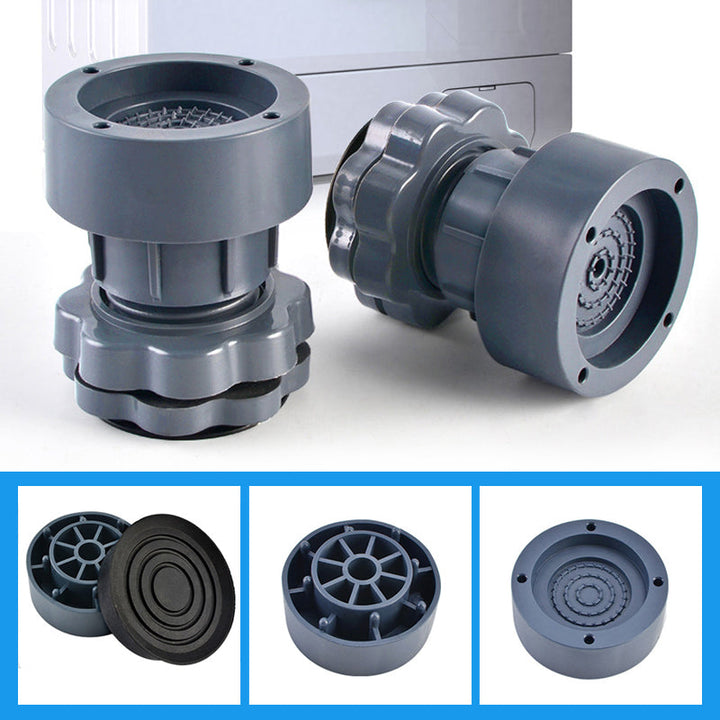 Justerbara grå tvättmaskinsstöd med stötdämpare, minskar vibration och buller, justerbar höjd, robust material.