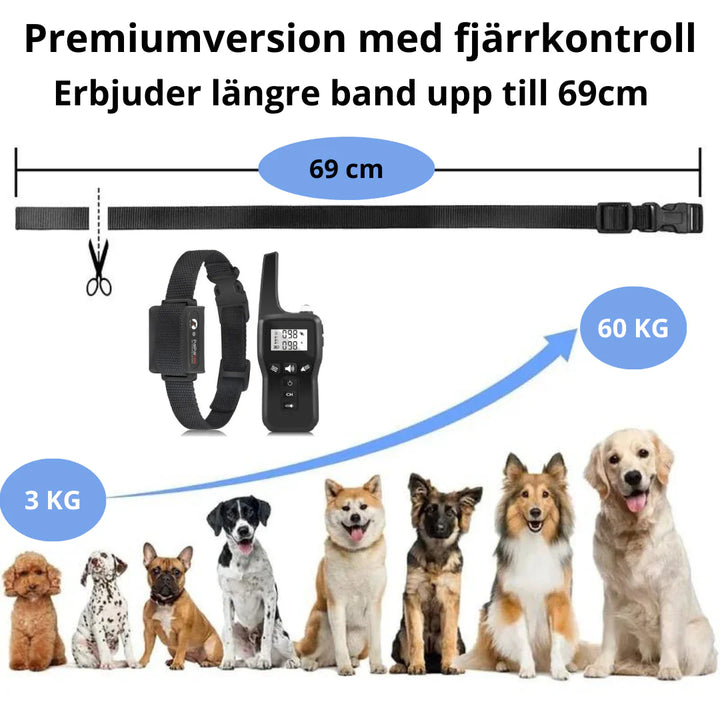 "Justerbart antiskällhalsband för hund i svart, med milda vibrationer och ljud för effektiv skällkontroll."