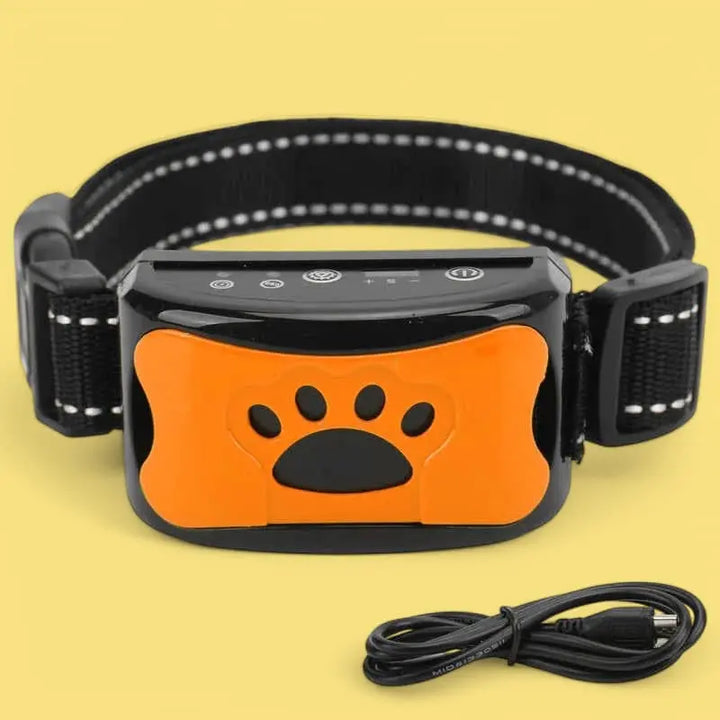 "Justerbart antiskällhalsband för hund i svart, med milda vibrationer och ljud för effektiv skällkontroll."