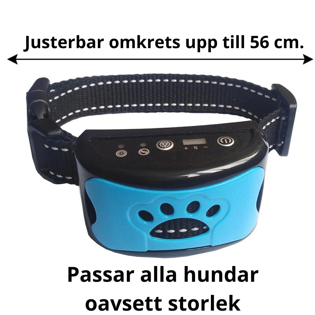 "Justerbart antiskällhalsband för hund i svart, med milda vibrationer och ljud för effektiv skällkontroll."