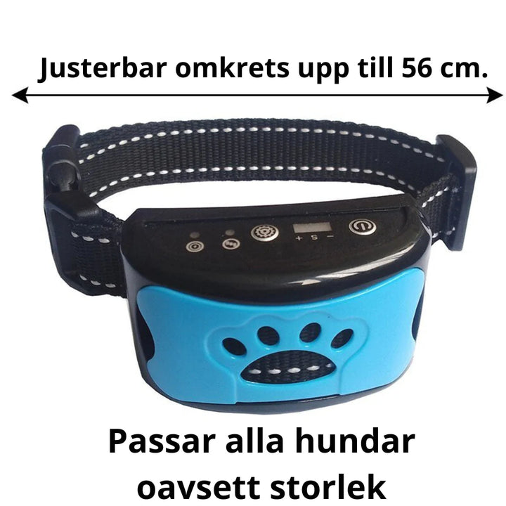 "Justerbart antiskällhalsband för hund i svart, med milda vibrationer och ljud för effektiv skällkontroll."