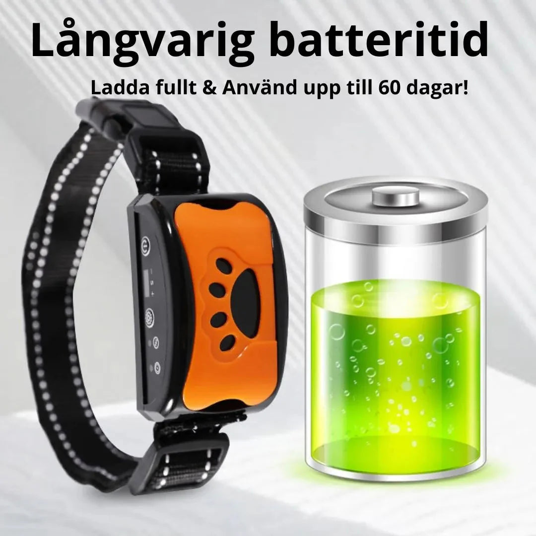 "Justerbart antiskällhalsband för hund i svart, med milda vibrationer och ljud för effektiv skällkontroll."