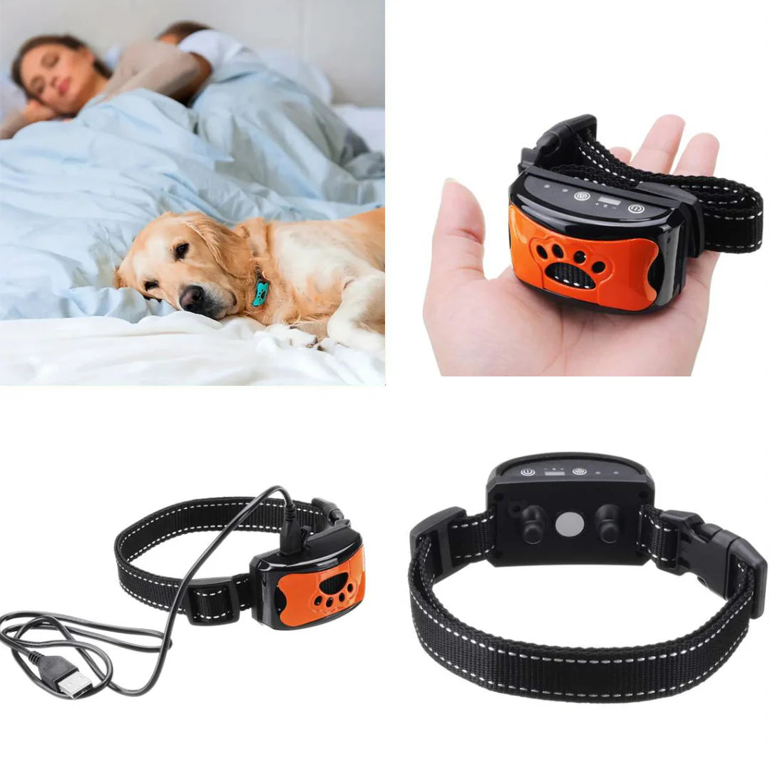 "Justerbart antiskällhalsband för hund i svart, med milda vibrationer och ljud för effektiv skällkontroll."