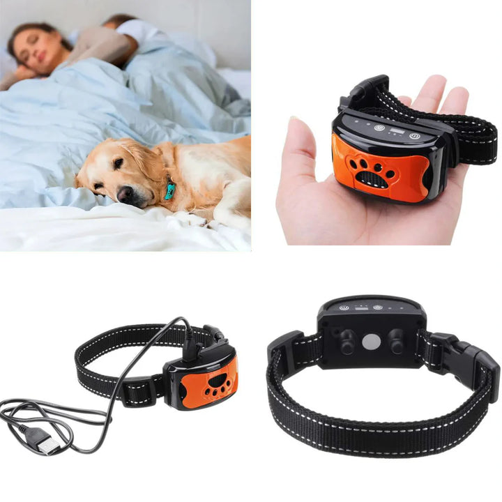 "Justerbart antiskällhalsband för hund i svart, med milda vibrationer och ljud för effektiv skällkontroll."