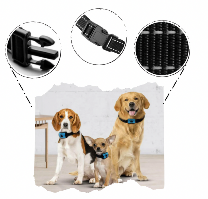 "Justerbart antiskällhalsband för hund i svart, med milda vibrationer och ljud för effektiv skällkontroll."
