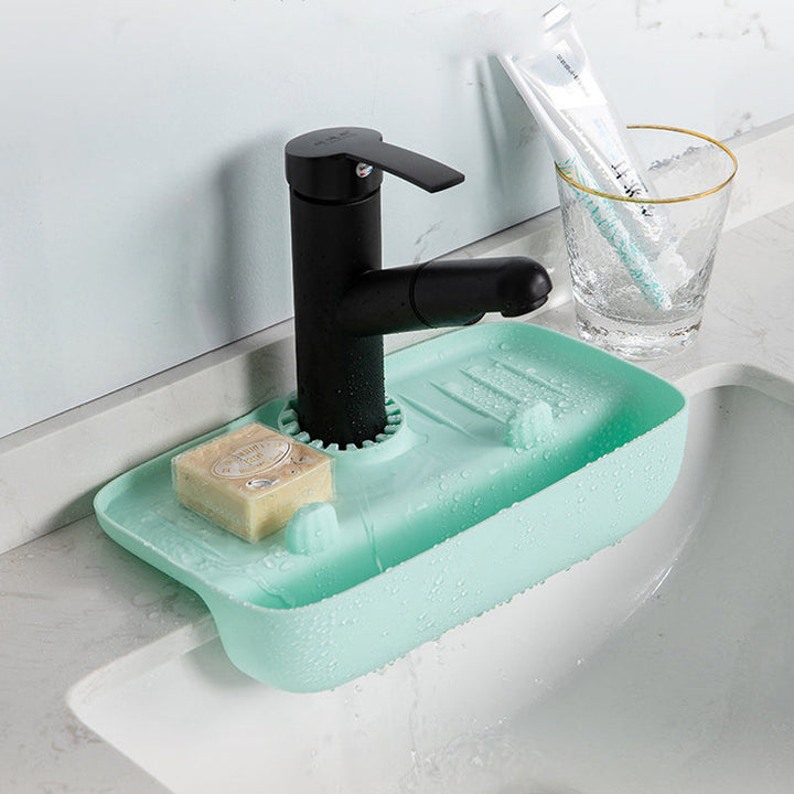 "Justerbart avloppsstativ för köket med multifunktion i ljusblå plast, håll redskap torra och köksbordet rent"