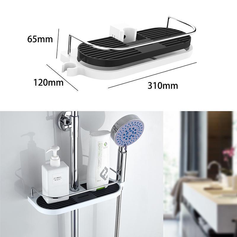 Justerbart duschförvaringsställ med avtagbar bottenplatta, vit plast, ihålig design för optimal vattendränering.