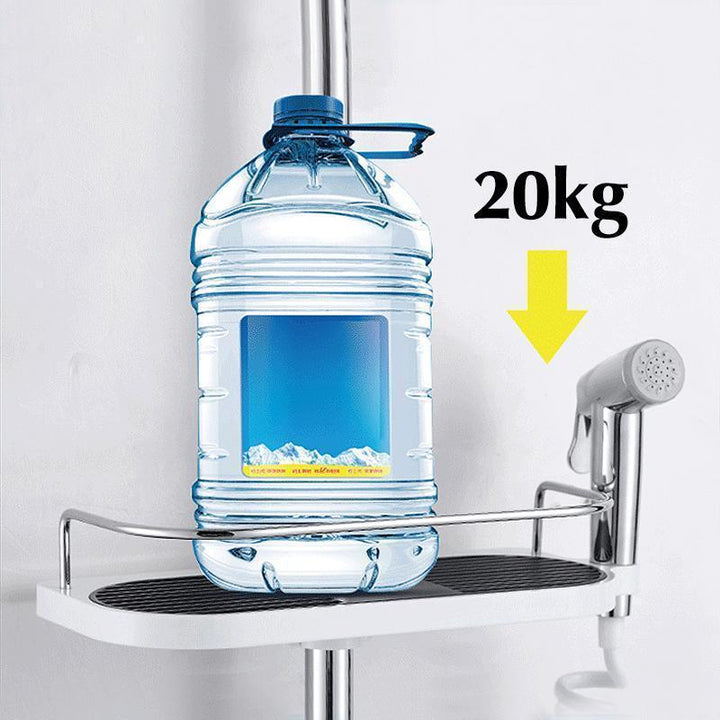 Justerbart duschförvaringsställ med avtagbar bottenplatta, vit plast, ihålig design för optimal vattendränering.