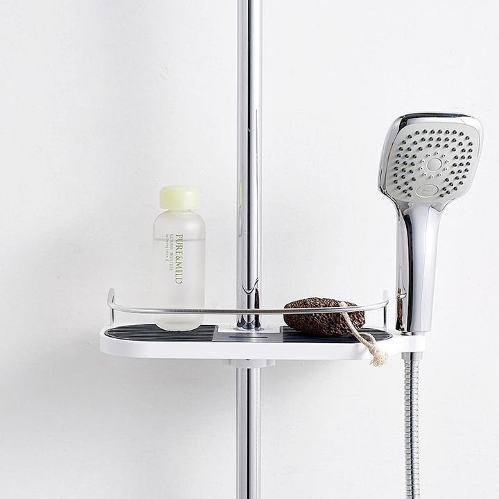 Justerbart duschförvaringsställ med avtagbar bottenplatta, vit plast, ihålig design för optimal vattendränering.