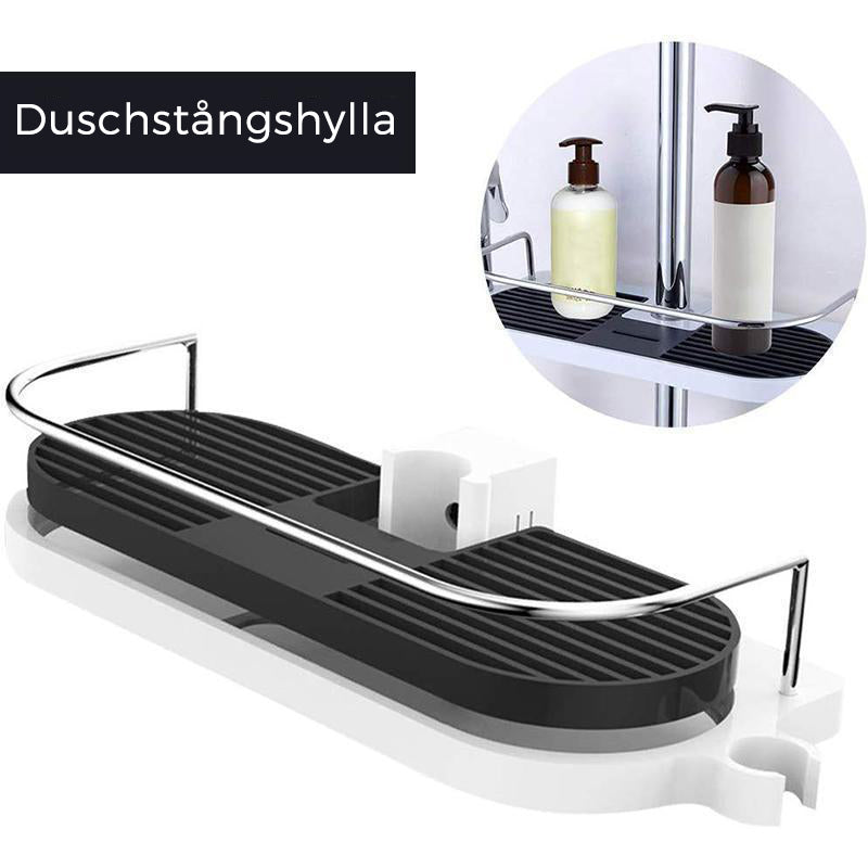 Justerbart duschförvaringsställ med avtagbar bottenplatta, vit plast, ihålig design för optimal vattendränering.