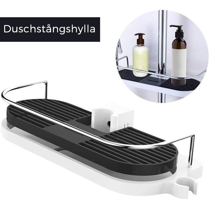Justerbart duschförvaringsställ med avtagbar bottenplatta, vit plast, ihålig design för optimal vattendränering.