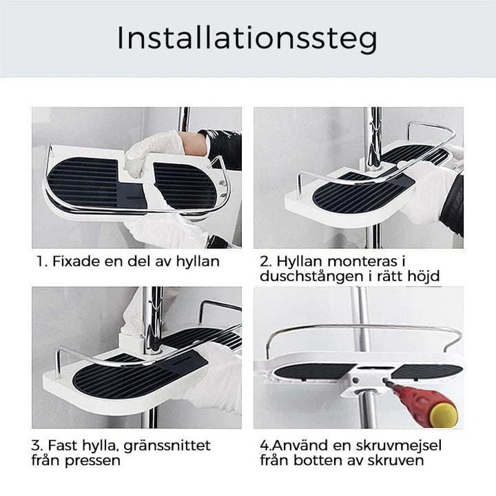 Justerbart duschförvaringsställ med avtagbar bottenplatta, vit plast, ihålig design för optimal vattendränering.