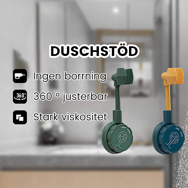 "Justerbart duschtillbehör i flera färger, inkluderar vitt, grått och grönt. Innovativt fäste för modernt badrum utan borrnin