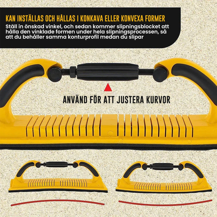 Justerbart handslipverktyg med roterande handtag för trä- och metallbearbetning, ergonomisk design, lätt och bekvämt grepp.