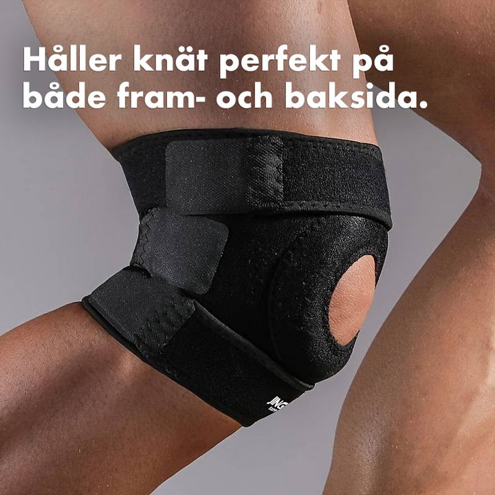 Justerbart knäskydd nära visat, ger stabilitet och komfort för alla knän, idealiskt för sport och vardagligt bruk.