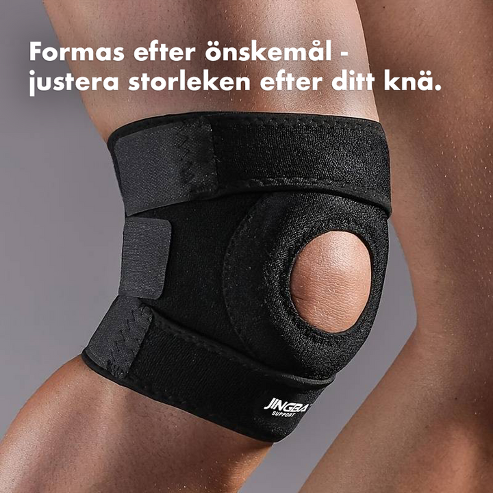 Justerbart knäskydd nära visat, ger stabilitet och komfort för alla knän, idealiskt för sport och vardagligt bruk.