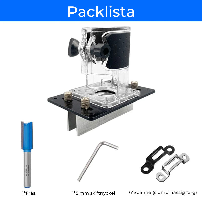 Justerbart trärouterverktyg, silver och svart, för precision och flexibilitet vid träbearbetning, justerbar djupanpassning.