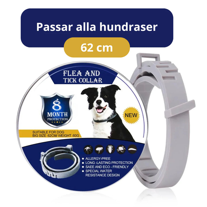 "Justerbart vattentåligt fästingshalsband för hund och katt med naturliga avvisande ingredienser, miljövänligt och säkert."