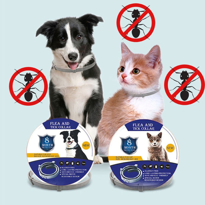 "Justerbart vattentåligt fästingshalsband för hund och katt med naturliga avvisande ingredienser, miljövänligt och säkert."