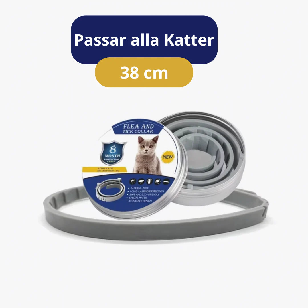 "Justerbart vattentåligt fästingshalsband för hund och katt med naturliga avvisande ingredienser, miljövänligt och säkert."