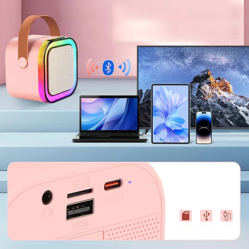 "Karaokemaskin för barn med två trådlösa mikrofoner, färgglada och bärbara, perfekt för sång och lek."