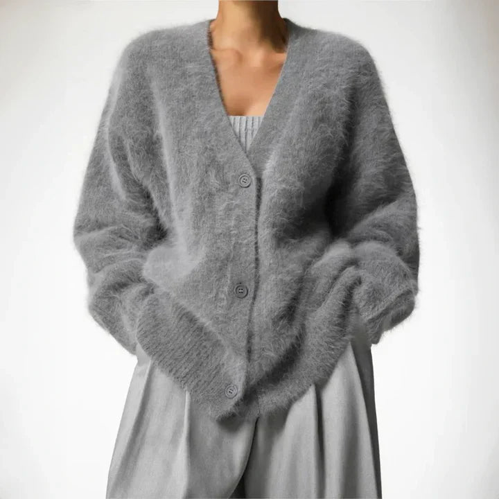 "Kashmirkofta i mjuk ull, platinagrå och ökenbeige färg, elegant design för kvinnor, perfekt för stil och komfort."
