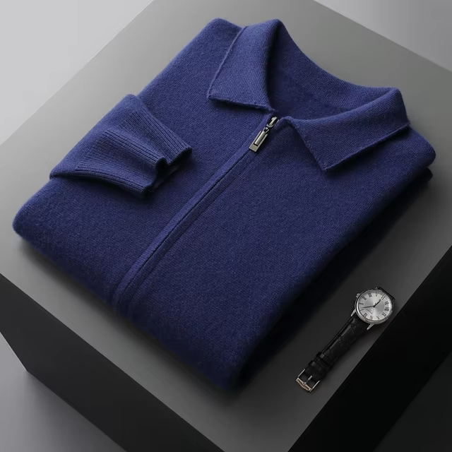 "Kashmirväst för män, elegant och mångsidig, med dragkedja och minimalistisk design, i beige kashmir"