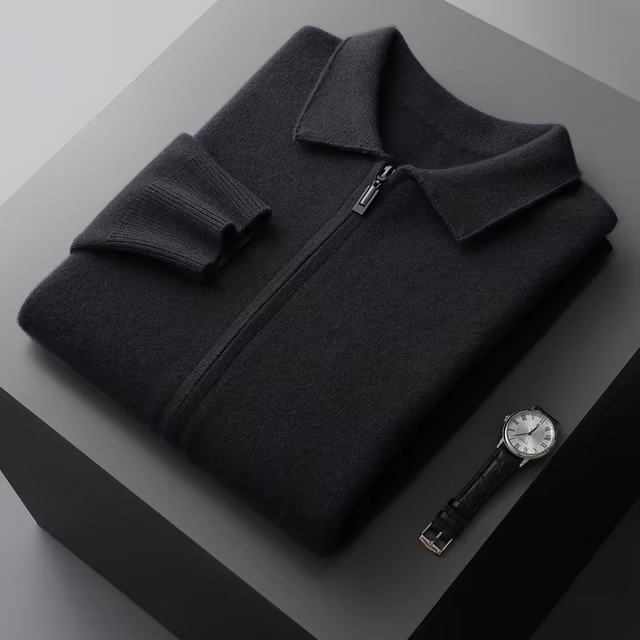 "Kashmirväst för män, elegant och mångsidig, med dragkedja och minimalistisk design, i beige kashmir"