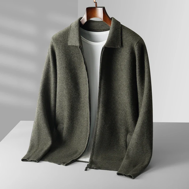 "Kashmirväst för män, elegant och mångsidig, med dragkedja och minimalistisk design, i beige kashmir"