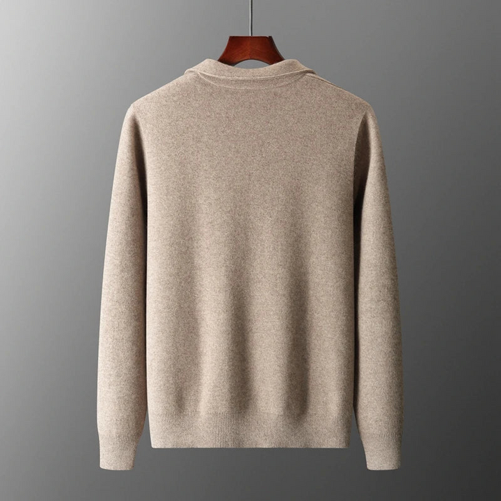 "Kashmirväst för män, elegant och mångsidig, med dragkedja och minimalistisk design, i beige kashmir"