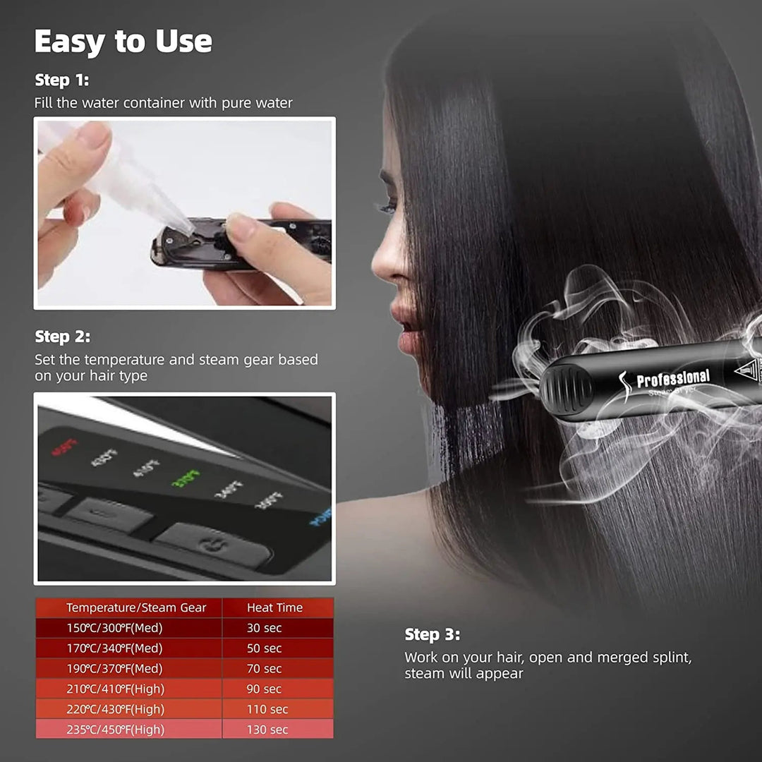 Keramisk ångplattång med tillhörande vattenbehållare, redo för att ge återfuktande ånga under plattningen.