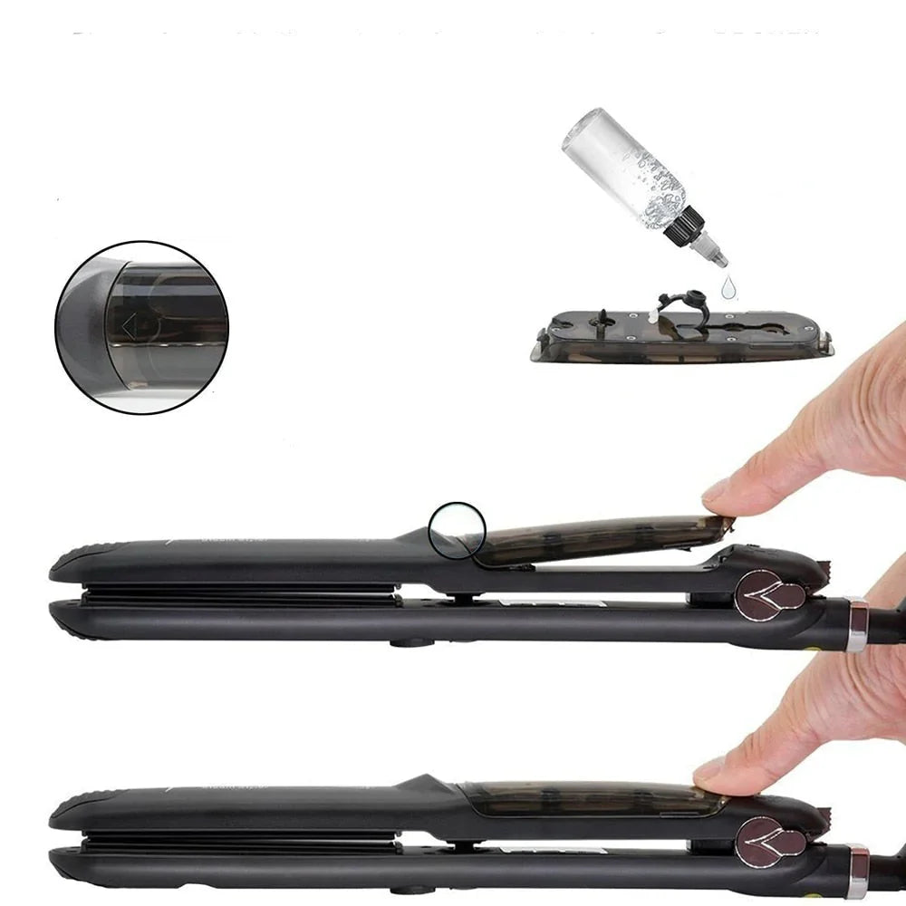 Kvinna demonstrerar användning av keramisk ångplattång, skapar slätt och rakt hår med minimal ansträngning.