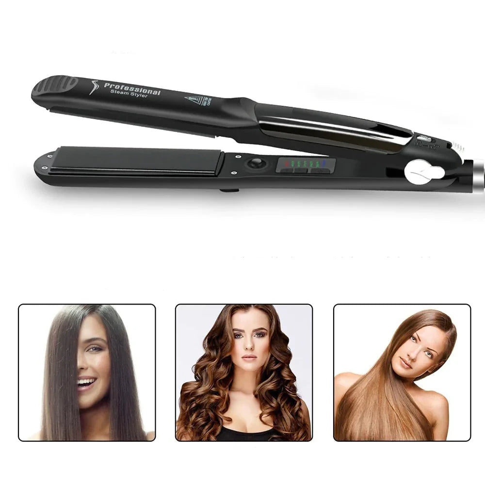 Ergonomisk keramisk ångplattång i handen, redo för effektiv hårstyling med ånga för att skydda håret.