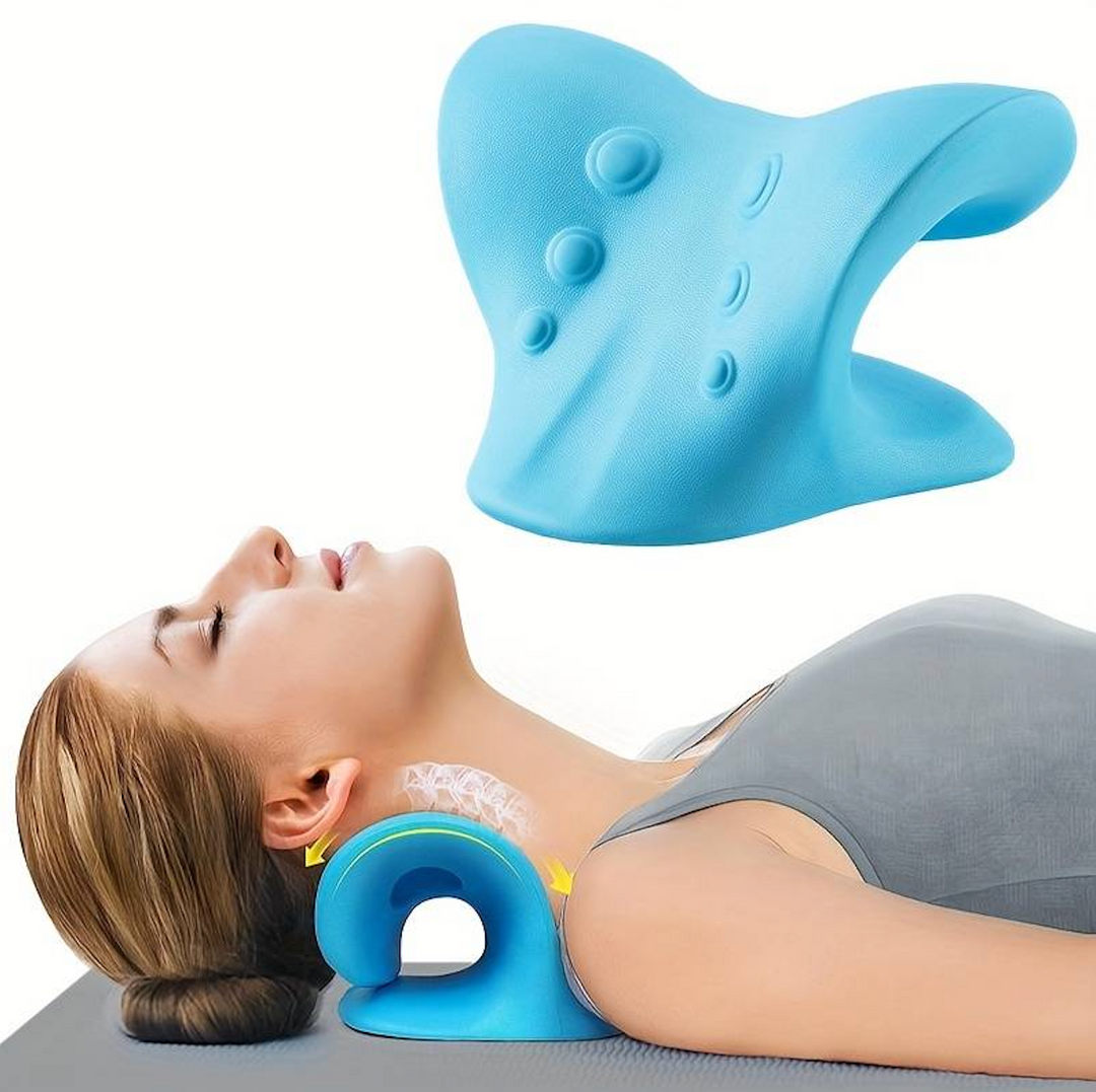 "Kiropraktisk nackkudde med ergonomisk design för lindring av nacksmärta, stödjer naturliga kurvor och minskar spänningar."