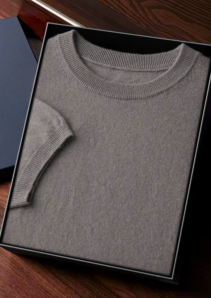 "Klassisk herr T-shirt i bomull, rund hals, kort ärm, beige nyans, stilren design för vardag och avslappnade tillfällen."