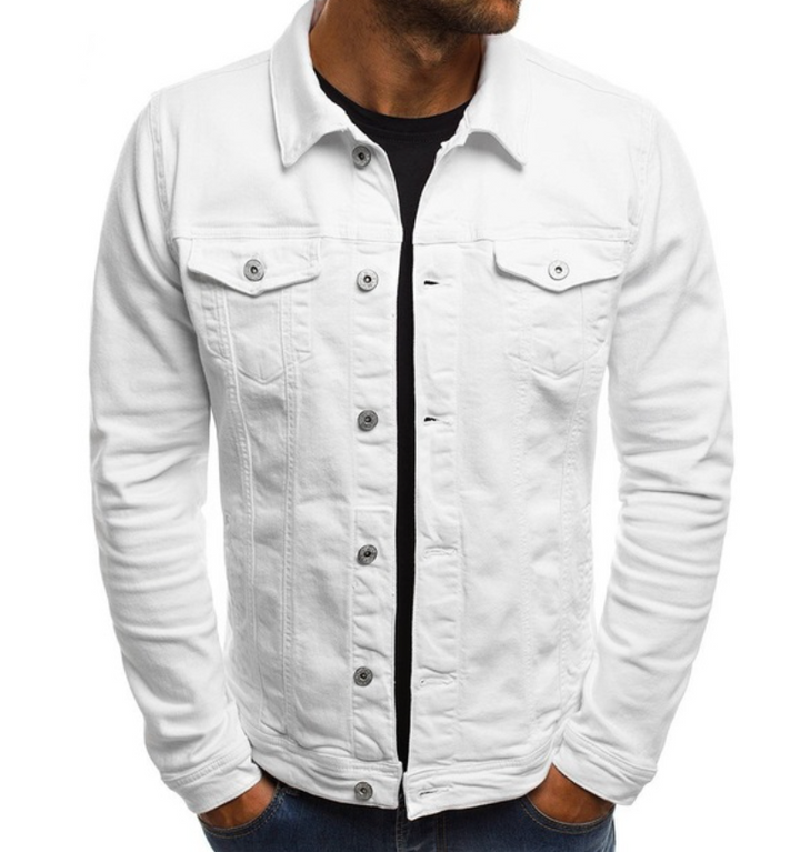 "Klassisk herrdenimjacka i stilren blå färg med knappdesign, erbjuder både elegans och funktionalitet."