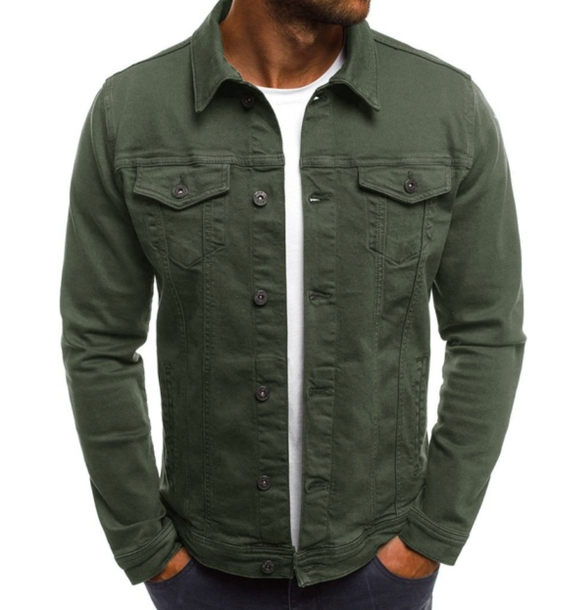 "Klassisk herrdenimjacka i stilren blå färg med knappdesign, erbjuder både elegans och funktionalitet."