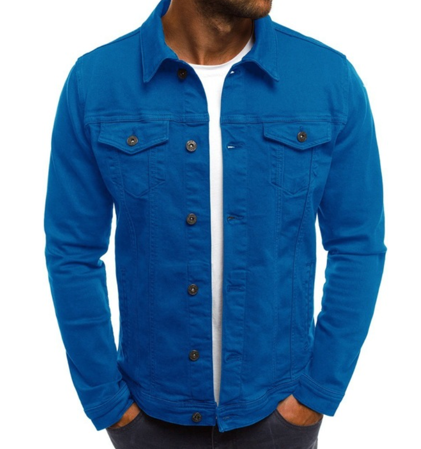 "Klassisk herrdenimjacka i stilren blå färg med knappdesign, erbjuder både elegans och funktionalitet."